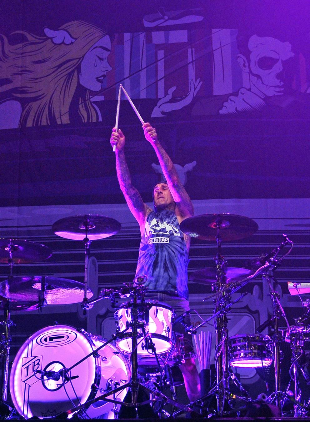 drummer travis barker of blink-182 perform as the band kicks of